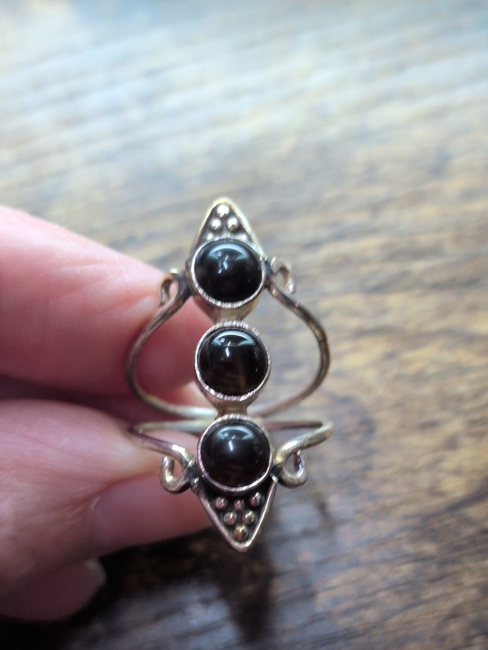 Three Stone Black Onyx Silver Ring - Women Jewelry